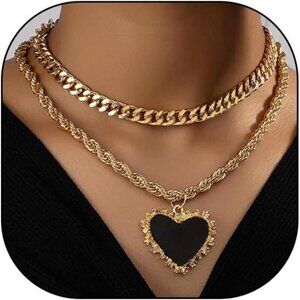 14K Gold Heart Pendant Necklaces for Women Punk Layered Chunky Trendy